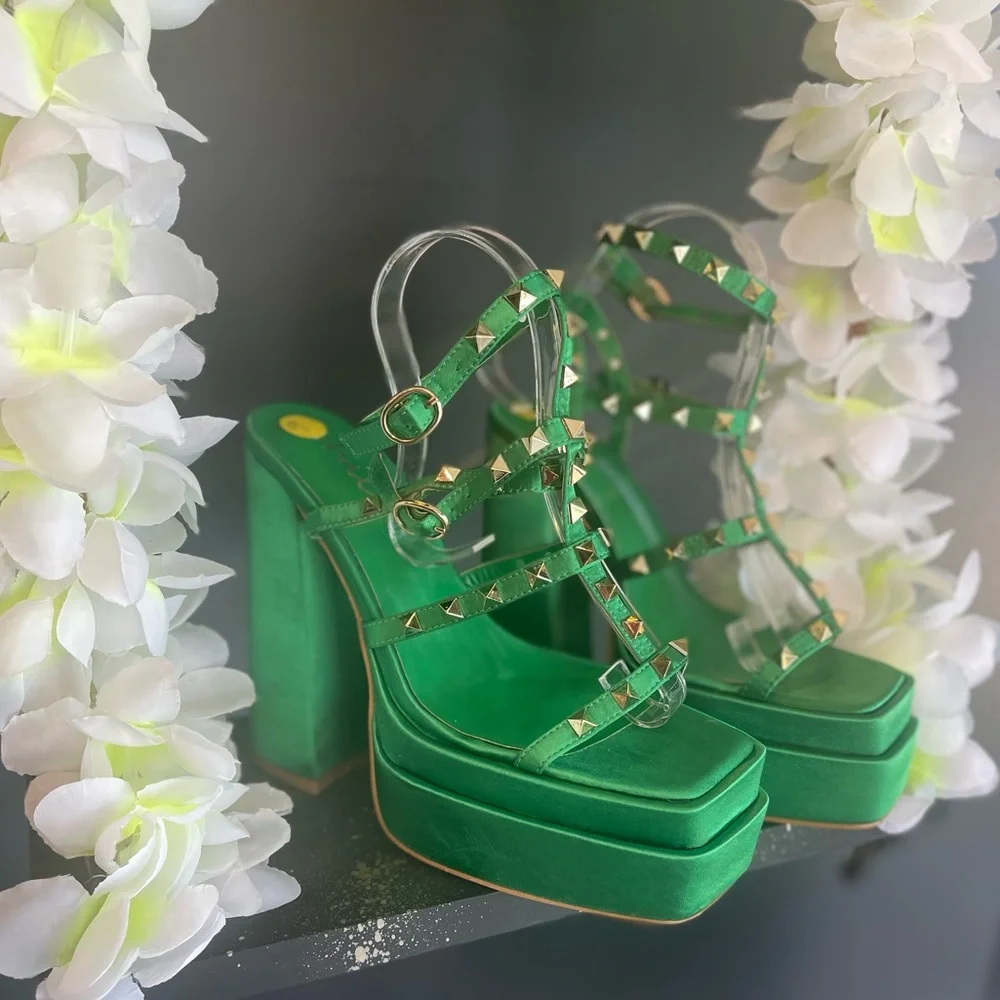 “BEE” Green Satin Studded Platform Heels - Picture 3 of 3